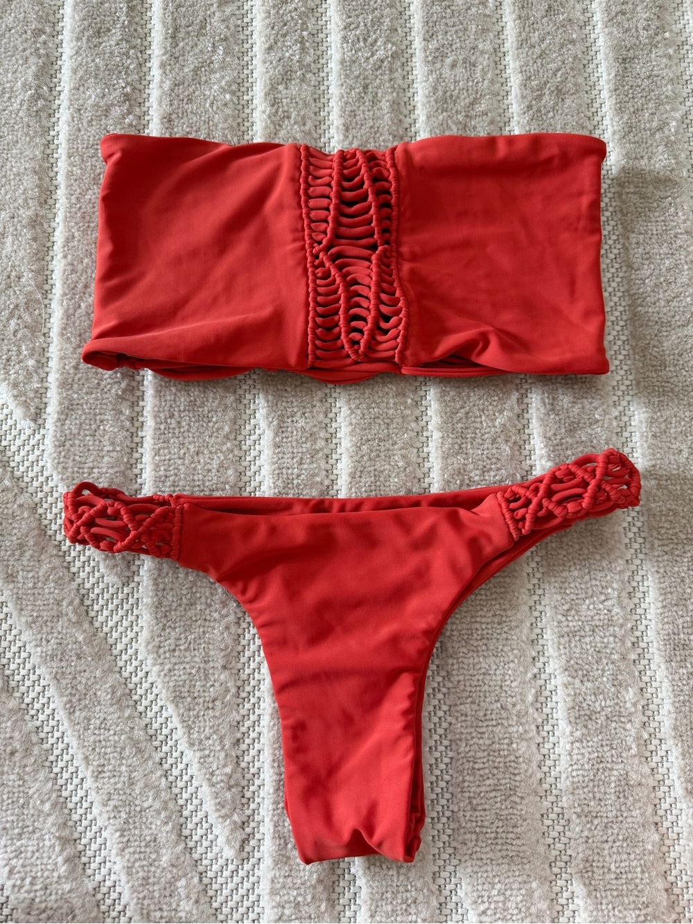 Mikoh Swim Bikini Top and Bottoms Red Macramé Bandeau Bikini Set XL